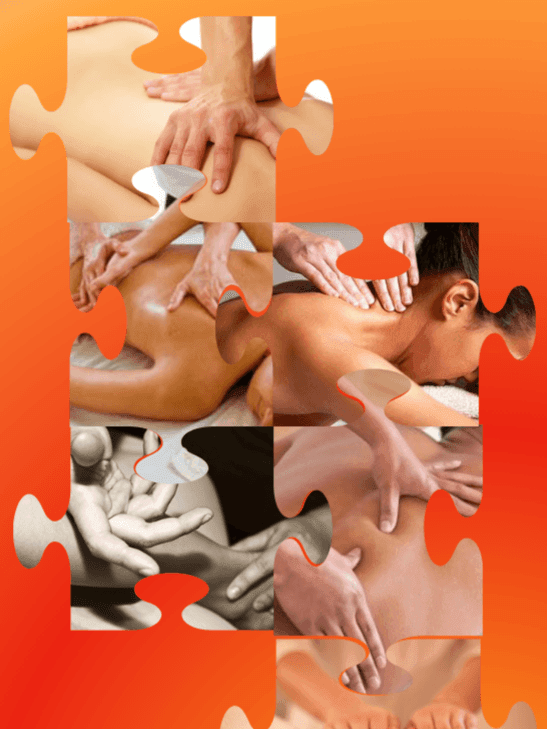 Collage of massage therapy images in jigsaw puzzle format with an orange gradient background.