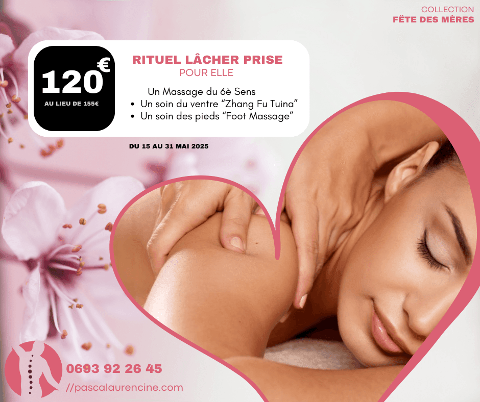 Spa promotion for Mother's Day, featuring a woman receiving a massage on a floral background.